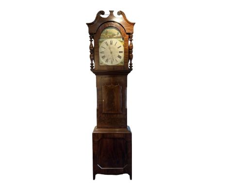 Late 19th century 30 hour Yorkshire mahogany longcase clock, with a swans necked pediment and break arch hood door flanked by