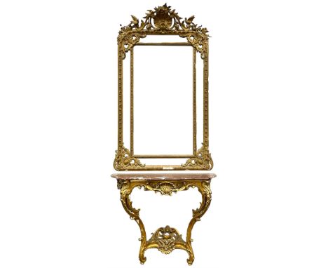 19th century giltwood and gesso console table and mirror, the mirror with shell motif pediment decorated with flower heads an