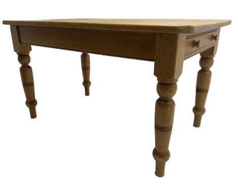 20th century traditional pine farmhouse kitchen table, rectangular top, fitted with single drawer, raised on tapering ring tu