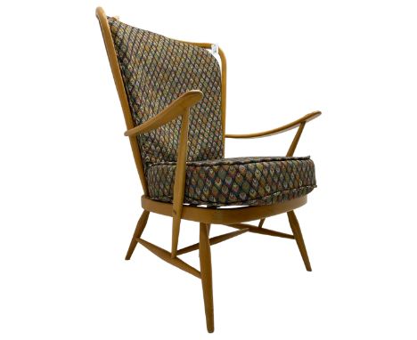 Ercol - light beech framed high-back 'Windsor' easy chair, with upholstered loose seat cushions, on splayed tapering supports