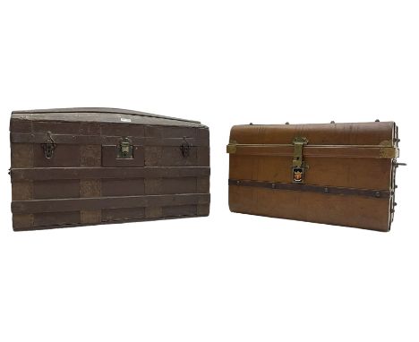 Early 20th stained dome-top and metal bound travelling trunk (W77cm D41cm H46cm); and a mid-20th century scumbled metal trave