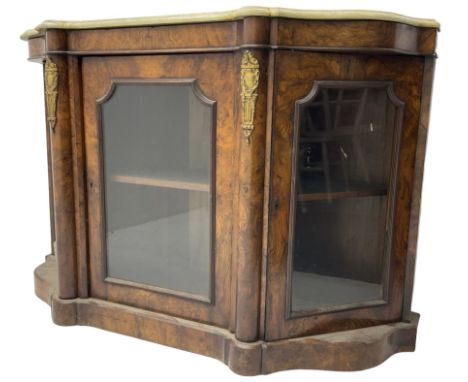 19th century figured walnut serpentine side cabinet, marble top over three glazed cupboard doors each enclosing a single shel