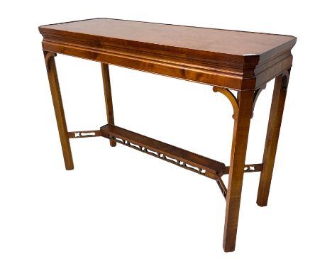 Wade - yew wood console table, rectangular top with canted corners and raised lipped edge, on chamfered square supports unite
