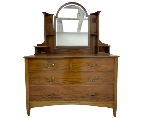 Edwardian mahogany dressing chest, raised arched mirror back with bevelled plate flanked by uprights carved with Art Nouveau 