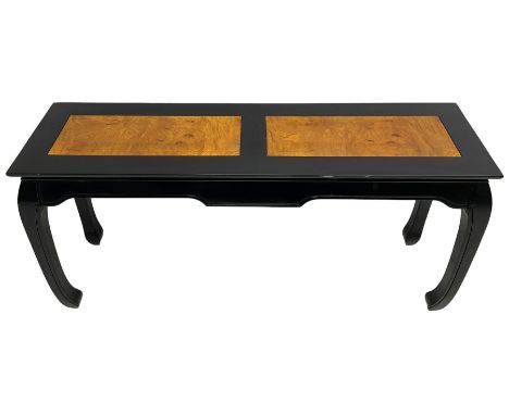 20th century Chinese ebonised lacquered console table, rectangular top with contrasting elm rectangular panels, shaped apron 