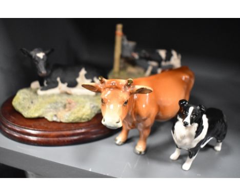 Two Border Fine Arts figure studies including Resting Fresian Calf, Morning Feed, an early marked Goebel Cow and a Beswick Co