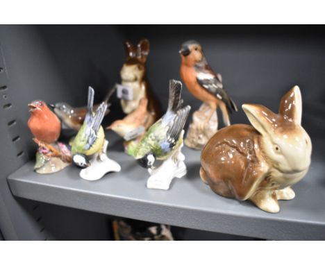 Eight animal figure studies including Royal Worcester Chaffinch, Goebel birds and two Poole Rabbits.