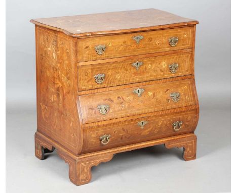 An 18th century Dutch mahogany and floral marquetry inlaid four-drawer commode of bombé form, height 84cm, width 84cm, depth 
