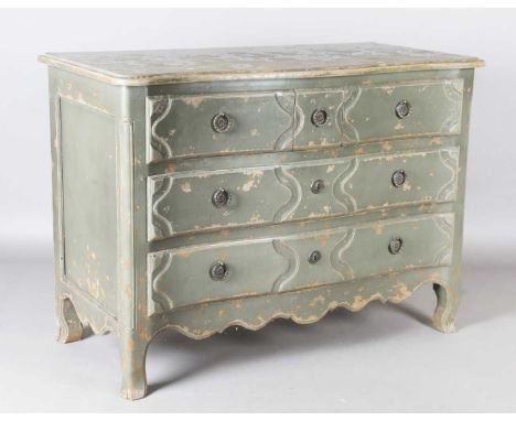A 20th century Rococo Revival painted commode, the serpentine front fitted with three drawers, height 91cm, width 127cm, dept