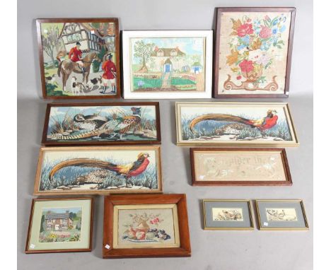 A mid-20th century needlework panel depicting a country cottage and garden, 31cm x 42cm, together with a group of eight other