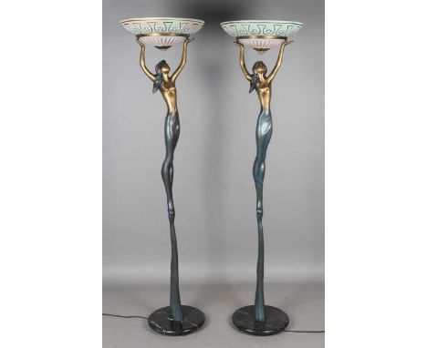 A pair of modern Art Nouveau style painted metal and pottery figural lamp standards, raised on marble bases, height 182cm.