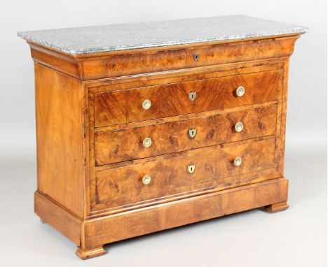 A 19th century French Louis Philippe walnut commode with a veined grey marble top and five oak-lined drawers, height 96cm, wi