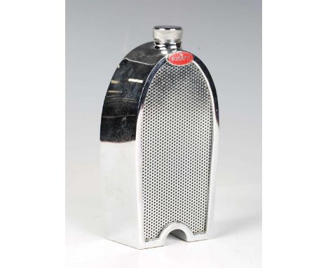 A late 20th century chromium plated classic car radiator spirit decanter in the form of a Bugatti radiator, height 19.5cm.
