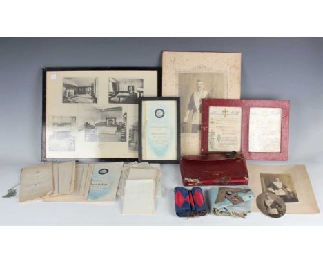 A collection of Masonic items, including a silver sash pendant badge and collection of ephemera relating to G.E.W. Clark of L