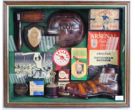 An impressive Arsenal Football Club memorabilia presentation case displaying various vintage replica items relating to the te