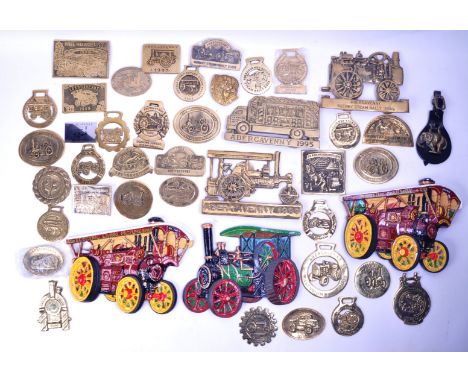A large collection of approximately x42 assorted steam fair / traction engine related brass (and other hand painted) plaques.