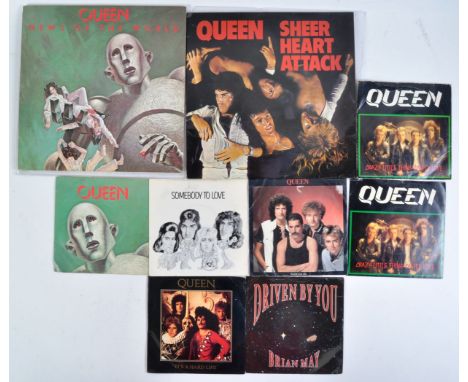 Queen and related - A group of vinyl long play LP record albums and a 45 7" singles to include New Of The World (1st UK EMI p