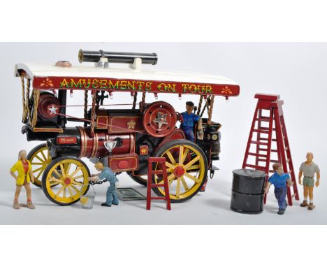 A charming hand made 1/18 scale (believed) Circus / Fun Fair related Steam Wagon ' Amusements On Tour '. Wood and metal const