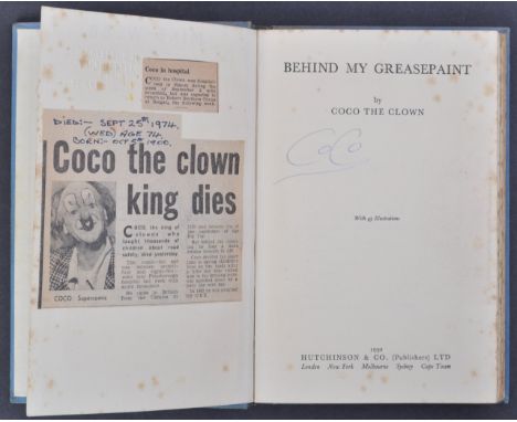 Coco The Clown - Behind My Greasepaint - 1950 First Edition pub. by Hutchinson &amp; Co. Signed by Coco in blue ink to the ti