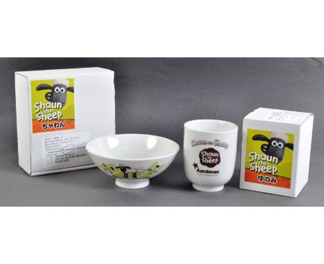 Two original Aardman Animations Shaun The Sheep 2014 Japanese import prototype kitchenware samples comprising a cup and bowl.