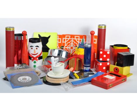 Magic Tricks - a collection of assorted vintage Magician's tricks. Includes; plated disappearing bowl, artist's palettes, foa