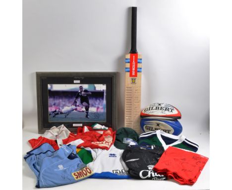 A collection of assorted signed vintage football, rugby and cricket shirts and other memorabilia items. Teams to include Live