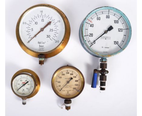 A collection of x4 vintage British made live steam / traction engine pressure gauges. All gauges having dials for pounds of p