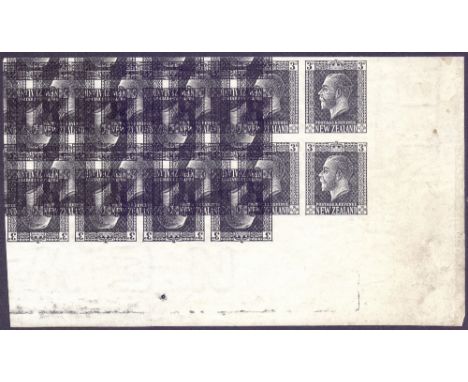 STAMPS NEWZEALAND : Pearkins &amp; Bacon George V black proof. 3d lower right margin block of ten double print, with one inve