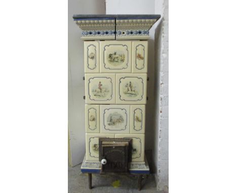 A French 19th century Sarreguemines faience stove, with transfer printed individual horse themed vignettes, the stove fitted 