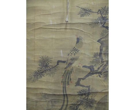 An 18th/19th century Chinese scroll depicting an exotic bird perched on a branch, watercolour signed, with a bone terminal ba