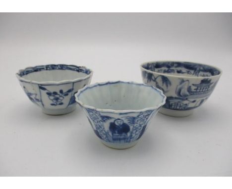 Three 18th century Chinese tea bowls comprising of two Kangxi examples of lobed form decorated with panels of figures and flo