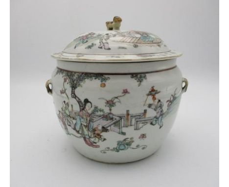 A late 19th century Chinese pot and cover of bulbous form decorated with a garden scene, a figure being pushed on a cart, fig