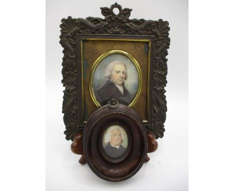 Two 18th century portrait miniatures, each of a man wearing a wig, a white shirt and a black jacket, the larger one signed, 3