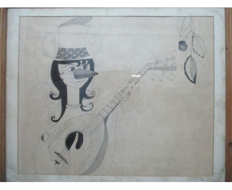G Pelisse - a head and shoulder portrait of a woman playing a loot, wearing a stylized hat and a false nose, pen and ink, 17"