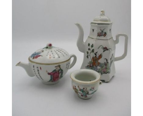 Late 19th century Chinese porcelain, the teapot of hexagonal form decorated with two figures in a garden scene, 7 1/4"h, a ba