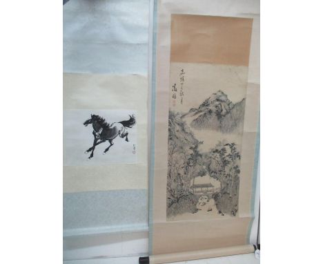 Two 20th century Chinese scrolls one of a landscape with a figure on a bridge, trees and a mountain beyond, image 26" x 13 1/
