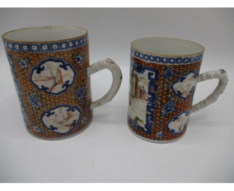 Two similar late 18th century Chinese Qing Dynasty export tankards, decorated with a panel of figures in a landscape, 5" h an