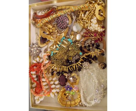 TRAY OF COSTUME JEWELLERY INC SILVER ENAMEL CHARM BRACELET AND JET BEAD CLEOPATRA CHOKER, 19TH C MESH COLLARETTE, ETC