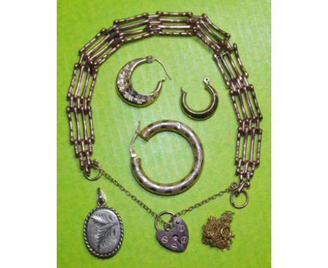 9CT ROSE GOLD FOUR STRAND GATE BRACELET WITH HEART PADLOCK A/F, 9CT GOLD OVAL ENGRAVED LOCKET, TRACE CHAIN AND THREE SINGLE E