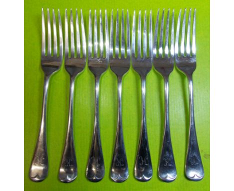 SEVEN BIRMINGHAM SILVER DINNER FORKS ENGRAVED WITH THE INITIAL K 17.3OZ APPROX