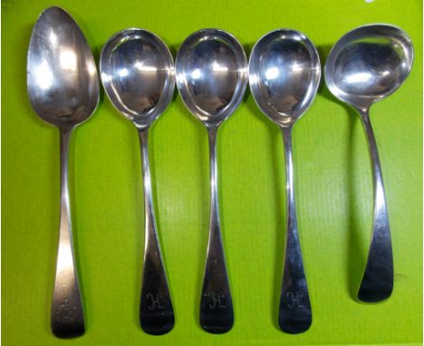 THREE BIRMINGHAM SILVER SOUP SPOONS, TWO BIRMINGHAM SILVER LADLE AND A GEORGIAN LONDON TABLESPOON 14.6OZ APPROX