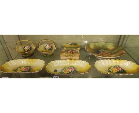 ROYAL WINTON FRUIT PATTERNED AND CROWN DEVON LADY HAMILTON TRINKET BOXES, PAIR OF BASKETS AND THREE TRAYS