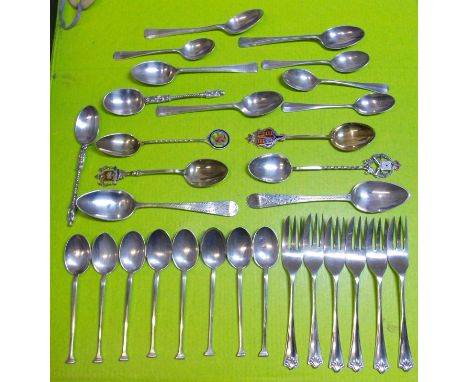 SET OF SIX SHEFFIELD SILVER CAKE FORKS, SET OF EIGHT SEAL TOP SHEFFIELD SILVER TEASPOONS, FOUR BIRMINGHAM SILVER RAT TAIL TEA