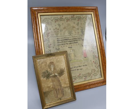 An early 19th century needlework sampler "Faith, Hope and Justice", worked by Phebe Pages, Aged 8 and a petit point tapestry 