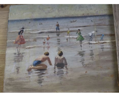 N.P. (mid 20th century), oil on board, painted on both sides with a beach scene and a portrait of a boy, 36.5 x 42.5cm