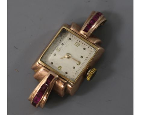 A lady's 1940's/1950's 9ct gold and gem set manual wind cocktail watch (no strap).