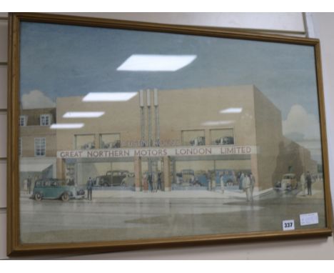 Augustus Bryett (1890-1963), pencil and watercolour, architectural sketch for Great Northern Motors, London Ltd Showrooms, si