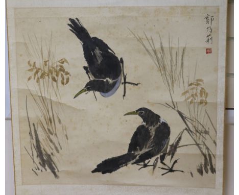 Three Chinese scroll pictures and an embroidery