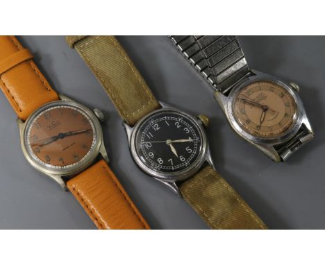 A stainless steel Bulova military manual wind wrist watch and two other wrist watches, Kelbert and Keora Super.