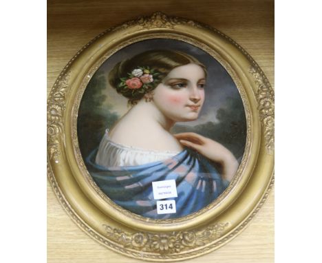 A 19th century reverse glass painting of a portrait of a young woman, gilt framed to the oval 41 x 32cm